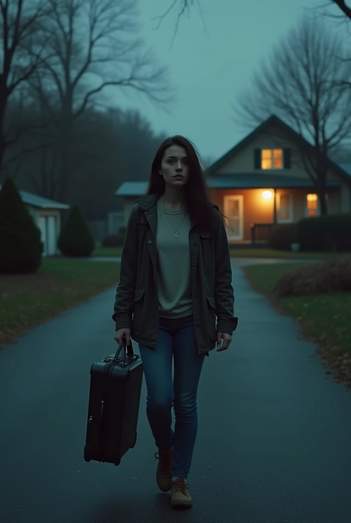 sad young woman walking away from home in middle age