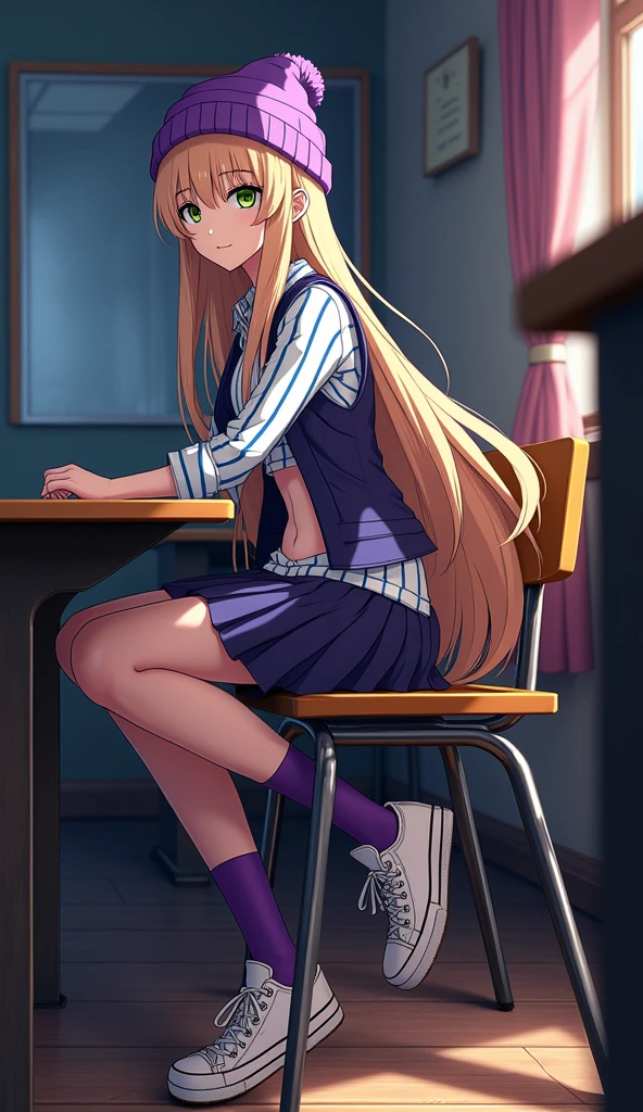 (masterpiece, best quality), 1girl, izumi Orimoto, indoors, classroom, seated, green eyes, blonde hair, long hair, purple beanie, purple vest, purple miniskirt, blue white striped shirt, long purple socks, sneakers, purple vest, striped shirt, navel shirt, high quality, (RAW photo, best quality), (realistic, photorealistic: 1.4), (extremely delicate and beautiful: 1.4), amazing, fine details, masterpiece, ultra detailed, high resolution, best illustration, best shadow, intricate, ( extremely intricate: 1.2), (exquisitely detailed skin), cinematic light, perfect anatomy, (cool color: 1.4), sharp focus, 8k UHD, DSLR, (Fujifilm XT3),(iluminación cinematográfica :1.4), (85mm F/1.4)