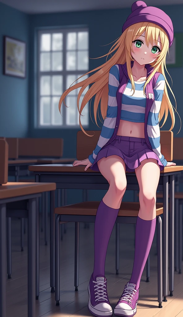 (masterpiece, best quality), 1girl, izumi Orimoto, indoors, classroom, seated, green eyes, blonde hair, long hair, purple beanie, purple vest, purple miniskirt, blue white striped shirt, long purple socks, sneakers, purple vest, striped shirt, navel shirt, high quality, (RAW photo, best quality), (realistic, photorealistic: 1.4), (extremely delicate and beautiful: 1.4), amazing, fine details, masterpiece, ultra detailed, high resolution, best illustration, best shadow, intricate, ( extremely intricate: 1.2), (exquisitely detailed skin), cinematic light, perfect anatomy, (cool color: 1.4), sharp focus, 8k UHD, DSLR, (Fujifilm XT3),(iluminación cinematográfica :1.4), (85mm F/1.4)