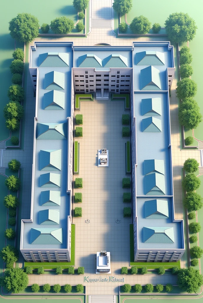 3d exterior of school that's name is “CuraSafe Residence”
Structure:-
School will be in square shaped
School will have only one portion.
School will have 14 equal sized rooms on every each side
Between all the rooms there will be a hall
On every each side there will be main door after 7 rooms, these doors will be connected to a hall
Around the school there will be a fence for security purpose
School's name should be visible
