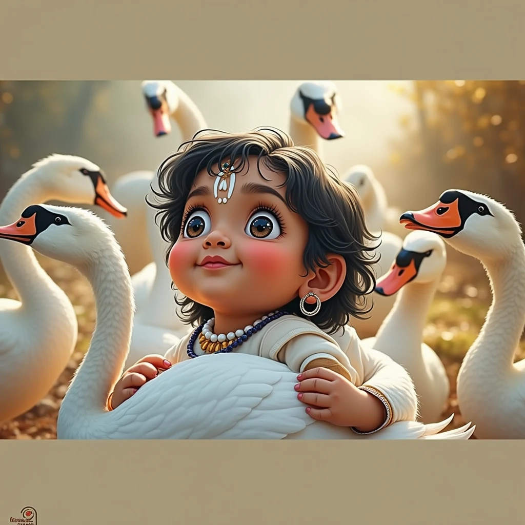 Drawing vector style ,a cute teenage South Indian Hindu boy, vermilion fore head,  6, adorable 6 white Swan surround him, beautiful detailed eyes, beautiful detailed lips, extremely detailed eyes and face, long eyelashes, cute and adorable expression, beautiful young girl, soft lighting, warm color tones, (best quality,4k,8k,highres,masterpiece:1.2),ultra-detailed,(realistic,photorealistic,photo-realistic:1.37),colorful, vibrant, adorable, cute, Cubs highly detailed, intricate, whimsical, magical, fantasy, soft focus, dreamy, warm lighting, oil painting