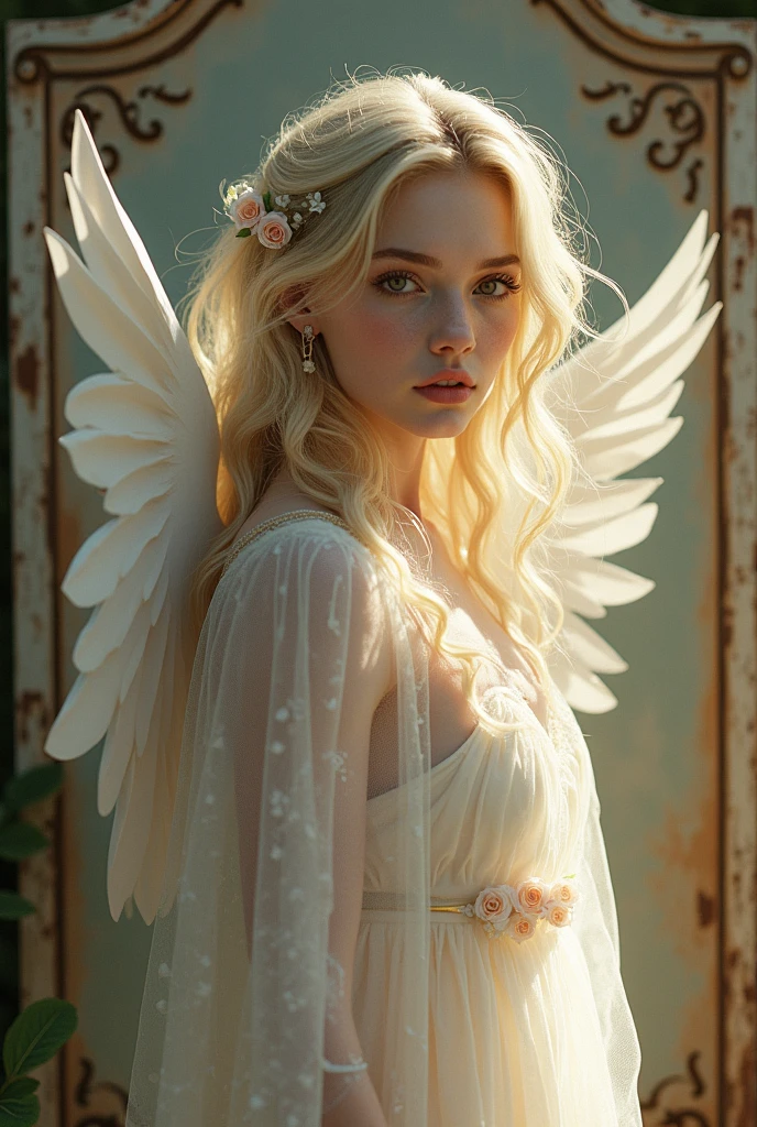 full body, free spirit, highly detailed face, award-winning composition, by Lois van Baarle, Artgerm, the fluttering of moth and butterfly, Carne Griffiths, feathers, hyper realistic fine detailed art Beautiful Woman full head-to-shoulder portrait, medium full shot Portrait, perfect detailed face, detailed symmetric hazel eyes with circular iris soft natural lighting, symmetrical, natural skin texture, soft lighting, detailed face, photorealism, soft pastel colors sparkling, looking into the camera, photorealistic painting, sharp focus, 8k, perfect composition, trending on artstation, award-winning photograph, unreal engine 5, cinematic smooth, intricate detail, studio photo, highly detailed. simple background. the angel is an weathered peeling image painted on an old peeling wooden sign, static, haze, cracks worn patches, weathered painted image of blonde haired angel, standing on a battle field holding a butterfly bringing life back into it weathered painting on a old wooden sign board, wearing a transparent Voile dress, wooden sign-board style, paper roses, paper wings, scroll work, designs, flacking paint dried plants, simple background, photorealistic, perfect, oilpainting, photorealistic, In a sublime portrayal, an angel draped in a pristine, luminescent cloak captivates the viewer. The ethereal being is depicted in a striking painting, which precisely highlights the angel's purity and radiance. Resplendent with heavenly beauty, the cloak glistens with a glossy sheen, reflecting divine light. The delicate feathers that adorn the angel's wings possess a remarkable softness and grace, seemingly untouched by earthly impurities. This awe-inspiring image evokes beautiful blonde girl