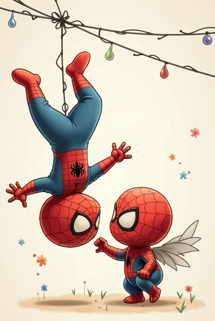 Baby spiderman hanging from a web upside down with his feet up and his head down and standing winged baby spiderman giving a kiss on the cheek to baby spiderman all animated that is a drawing that I can draw
