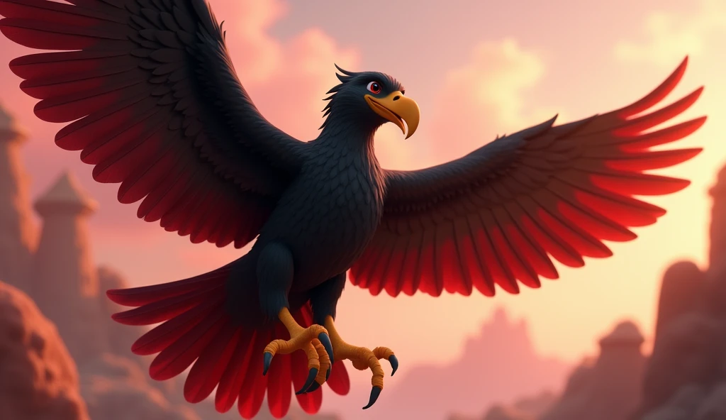 Albania as a 3D Disney Pixar Black two-headed eagle character flying in carmin red and black colors. Albania background