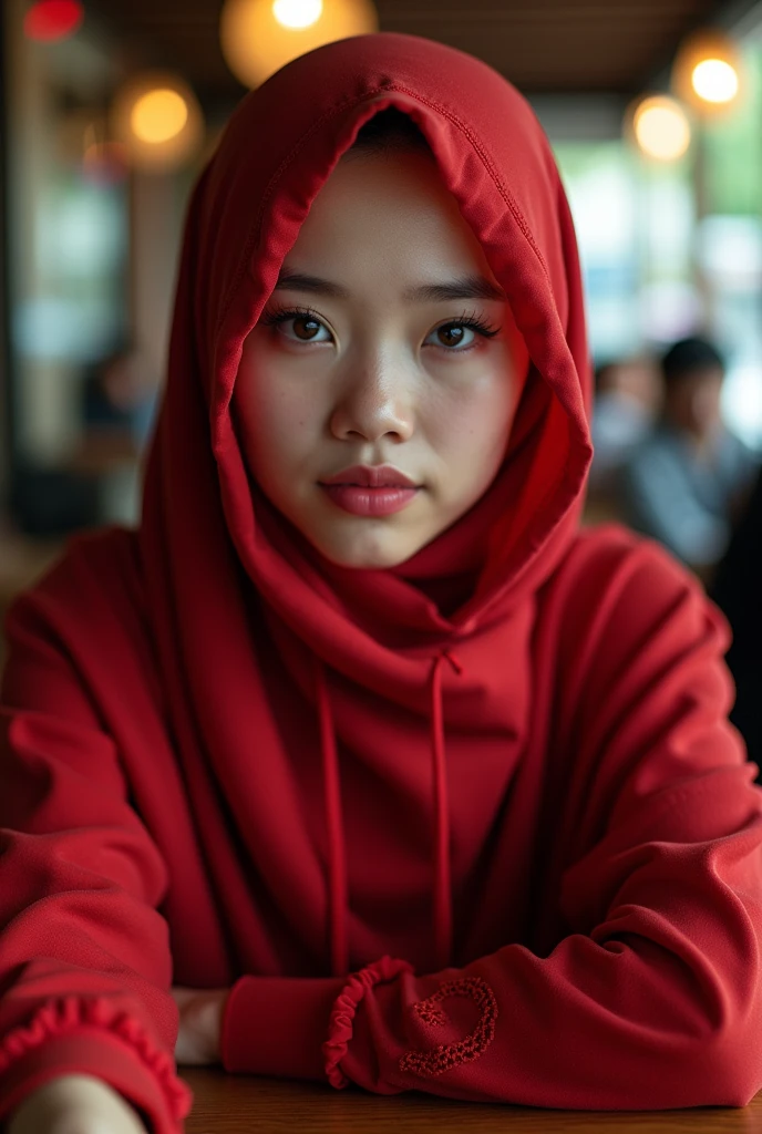 Hijab , portrait half body shoot 1:2 , holding face. One hand on table. Dominance smile. Perfect theeth.shoot by canon r6 Godox v1 Speedlite. Lace hijab. Wear minimalist flower red hijab. Girl average 2. Samo matang skin. Upturned eyes. Heavy make up. Perfect hijab((.chinese eyes)) Cafe background.cyberpunk dress hoodie white black.holding man hand. pink lips, snube nose big. Beautiful eyesbrow, long lashes. Brown hazel eyes.. chubby face. Indonesia girl nose. Hidung pesek. small pimple lot on skin. Dry skin. Very cute. Big lips heart shape lips.