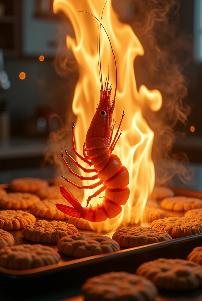 Shrimp engulfed in flames and baking cookies