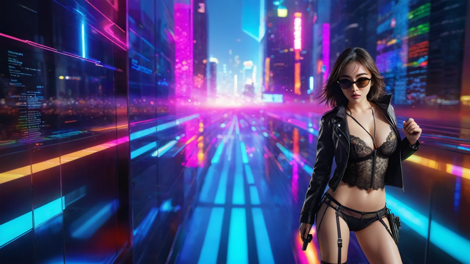 Futuristic cityscapes with colorful all-glass towering skyscrapers, flying vehicle, lightning. High-resolution OLED GUI interfaces in the building, The windows are filled with transparent data visualization infographics that show it all, from weather patterns to traffic flow. Colors are saturated and vibrant. At dark night. (1girl, solo, alone), medium-breast slim:0.6 body, oval:0.5 face, cleavage:1.1, sexy black laced bra, miniskirt, white laced panty, coat, (black micro sunglasses), (holding a short gun), (slightly leaning forward running pose), half-body thigh level medium shot, cinematic lighting, ray tracing.