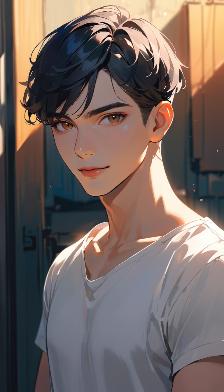 1man, solo, crew cut, black hair, wear shirt, brown eyes, smile, looking at viewer, light lips, upper body, closed mouth