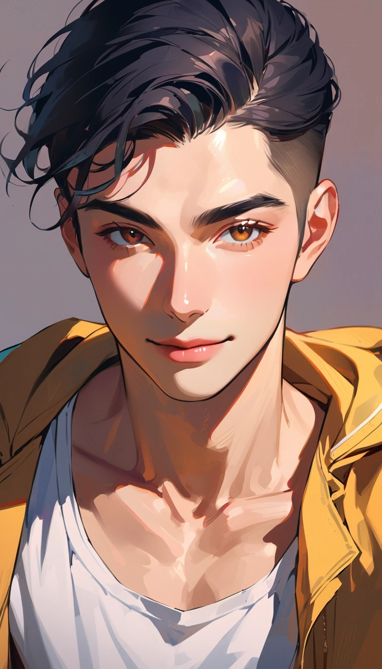 1man, solo, crew cut, black hair, wear shirt, brown eyes, smile, looking at viewer, light lips, upper body, closed mouth