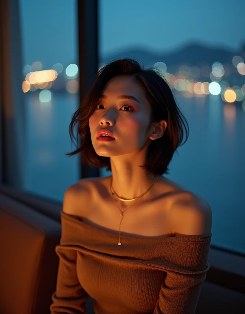 In a luxurious hotel room, an attractive Korean woman with stylish short hair and lively eyes sits confidently in front of a dim city night view. She wears a tight brown off-the-shoulder sweater that accentuates her perfect figure, revealing her ample breasts and beautiful legs. Warm lighting casts an alluring glow on her face and hair, and her bright pink lips curve into a golden ratio smile. As she gazes serenely into the distance, her shoulder blades and neck are delicately framed by the 80mm Nikon Z9 lens. The bluish night view outside reflects off the water, creating a dreamy atmosphere with a soft bokeh effect.