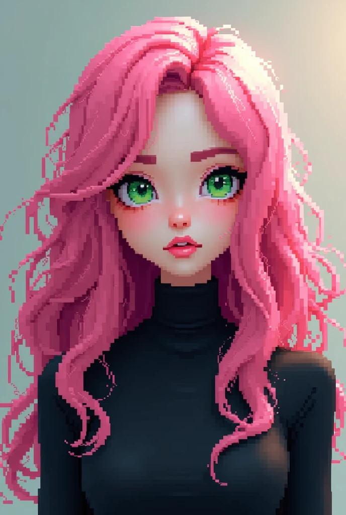 3D pixel, Pink and very long hair, greeneyes, a black turtleneck blouse