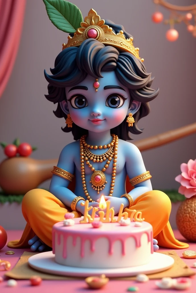 3d illustration of lORD KRISHNA
sitting casually on front of a cake the character must wear God wearing type clothes.
the back ground of the image flute .write ' KRISHNA' on the birthday cake .make sure the text is not misspelleed.her age