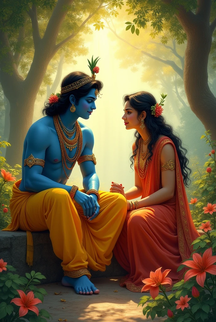 Lord Krishna sitting with a girl name " Akanksha"
