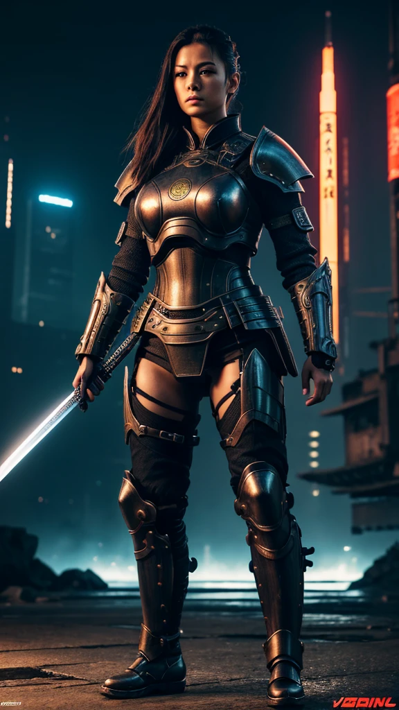 A beautiful woman, plump body, perfect abs, big thighs, mechanical body, hydraulic cylinders, samurai armor, Japanese sword, at a battlefield, (best quality,4k,8k,highres,masterpiece:1.2),ultra-detailed,(realistic,photorealistic,photo-realistic:1.37),extremely detailed face and eyes,beautiful detailed eyes,beautiful detailed lips,long eyelashes,intricate mechanical details,futuristic cyberpunk,dramatic lighting,cinematic composition,epic fantasy,moody atmosphere,vibrant colors,samurai katana,war-torn environment,detailed armor plating,dystopian sci-fi
