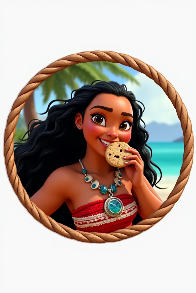 Create an animated circular logo ,
from Disney's Princess Moana
,biting a cookie