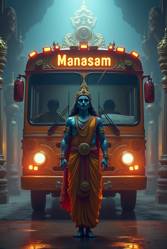 A bus named manasam littil loard krishna standing front of the bus and all light on