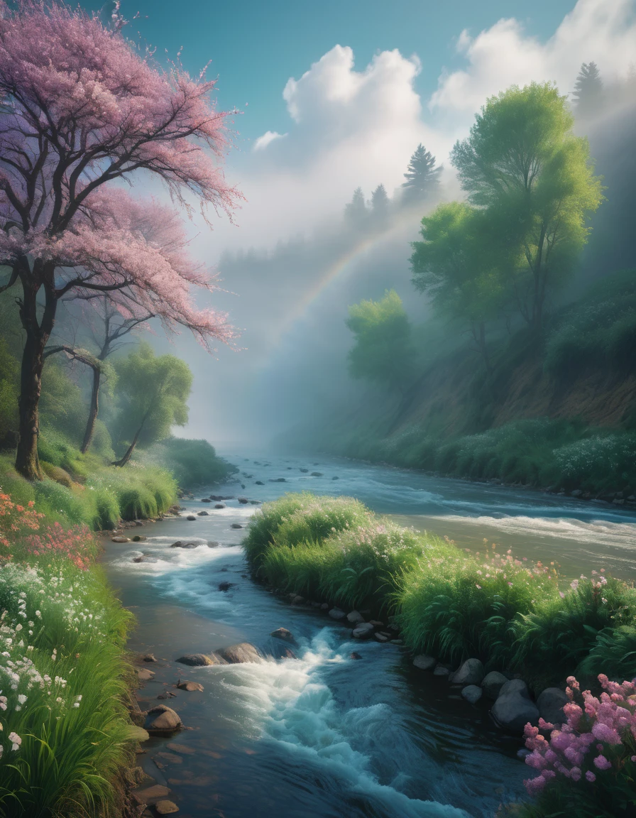 analog style,ChromaV5,nvinkpunk,(чрезвычайно подробные обои CG Unity 8k),image of a majestic river, Trees on the sides, Tiny Waterfall, heavy fog ,photo, award winning, chromatic aberration, detailed , HDR, blossom, Monet's style, Pissarro, and Sisley ,trending on artstation, trending cgsociety, art to the middle of the road