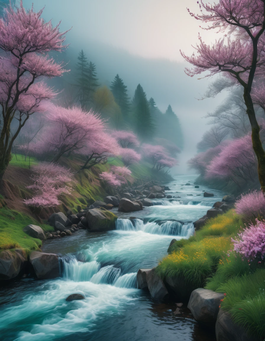 analog style,ChromaV5,nvinkpunk,(чрезвычайно подробные обои CG Unity 8k),image of a majestic river, Trees on the sides, Tiny Waterfall, heavy fog ,photo, award winning, chromatic aberration, detailed , HDR, blossom, Monet's style, Pissarro, and Sisley ,trending on artstation, trending cgsociety, art to the middle of the road
