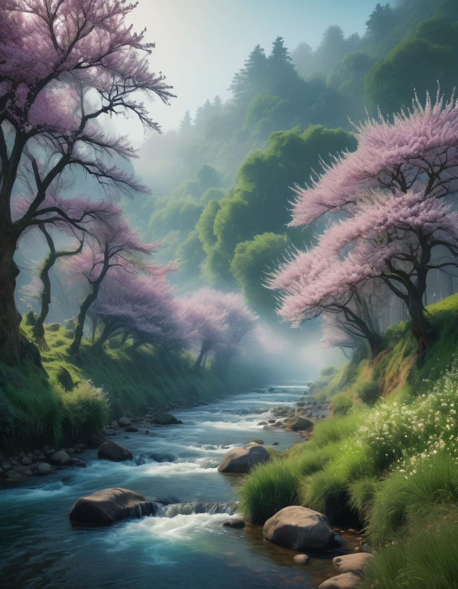 analog style,ChromaV5,nvinkpunk,(чрезвычайно подробные обои CG Unity 8k),image of a majestic river, Trees on the sides, Tiny Waterfall, heavy fog ,photo, award winning, chromatic aberration, detailed , HDR, blossom, Monet's style, Pissarro, and Sisley ,trending on artstation, trending cgsociety, art to the middle of the road
