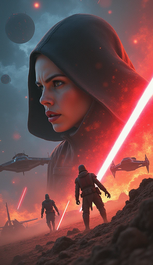 star wars poster, dramatic scene, ((Expressive characters)), Future-oriented details, Energetic and ((Fascinating colors)), Dynamic configuration, spaceship