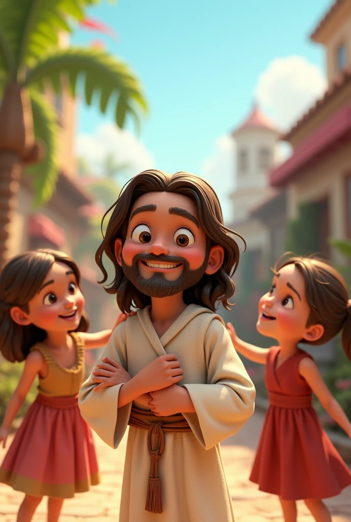 A 3D movie poster in Disney-Pixar style of Jesus as a ager playing with other kids.