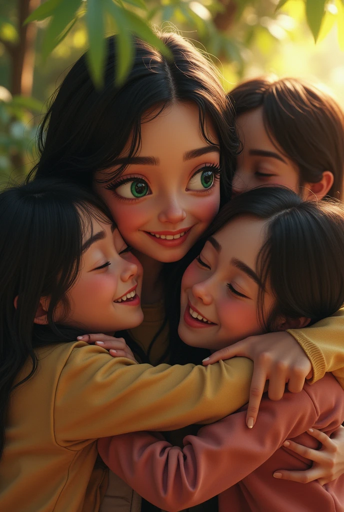 a young woman with white skin .black hair . green eyes , high hugging a group of friends at a realistic meeting