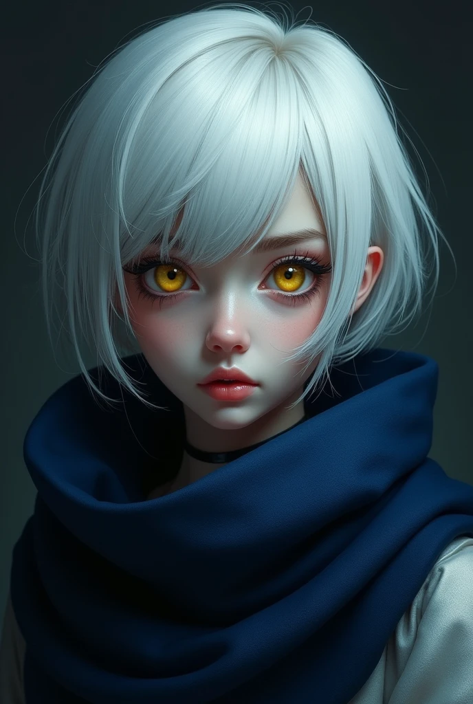  , with short white hair, yellow  eyes,  dark blue scarf 