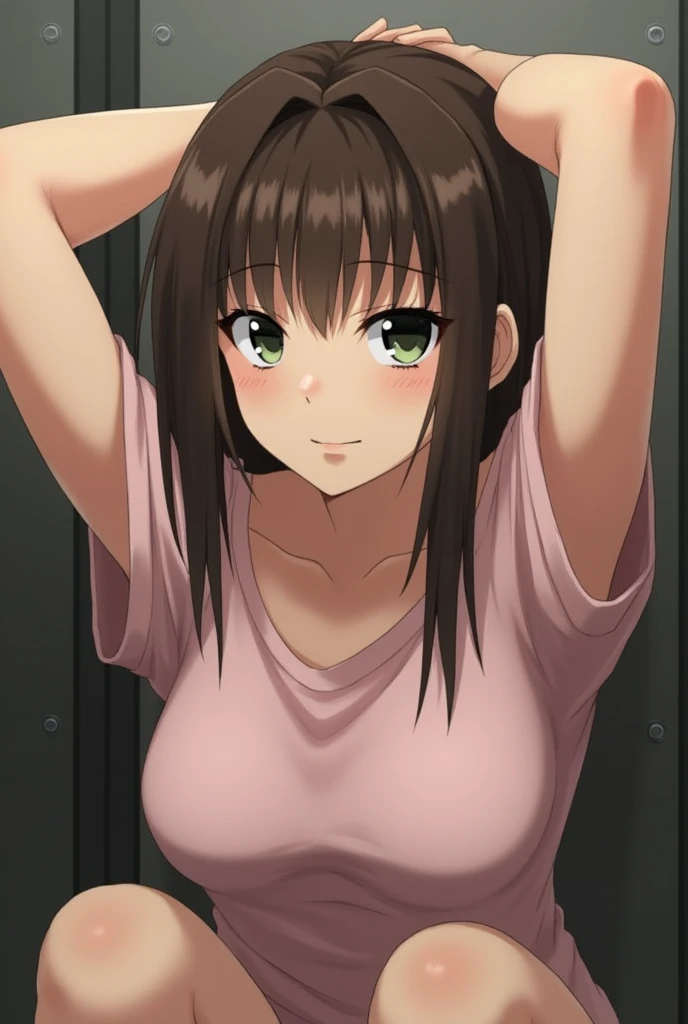 nsfw、NUDE、pussy focus、full body、seductive smile、locker room、1girl、(( t-shirt lift))、((((bottomless))))、((middle hair))、small breasts、(((squatting)))、indian style、[[[[stand]]]]、arms behind head、(((Nipples are visible)))