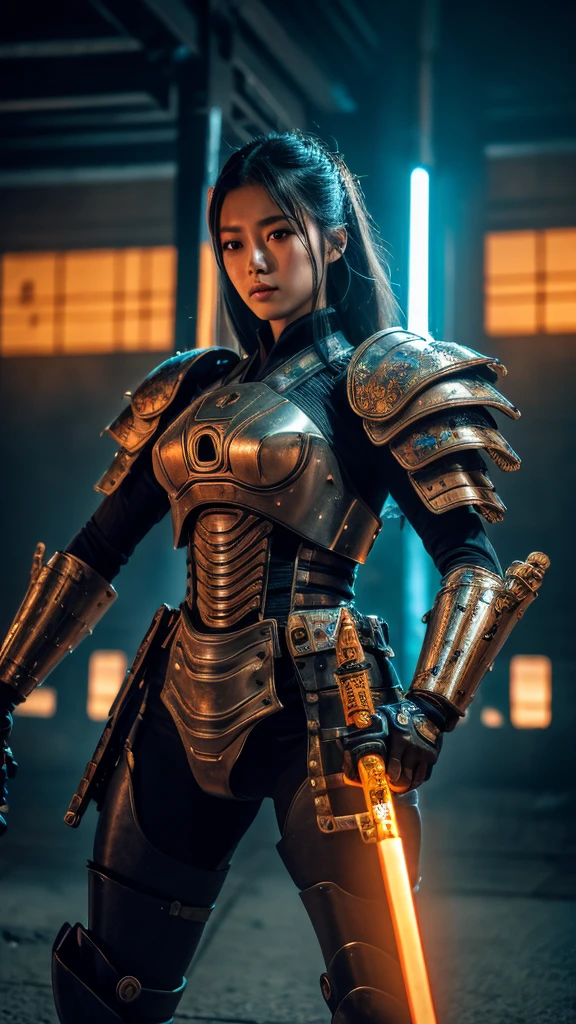 A beautiful woman, plump body, perfect abs, big thighs, mechanical body, hydraulic cylinders, samurai armor, Japanese sword, at a battlefield, (best quality,4k,8k,highres,masterpiece:1.2),ultra-detailed,(realistic,photorealistic,photo-realistic:1.37),extremely detailed face and eyes,beautiful detailed eyes,beautiful detailed lips,long eyelashes,intricate mechanical details,futuristic cyberpunk,dramatic lighting,cinematic composition,epic fantasy,moody atmosphere,vibrant colors,samurai katana,war-torn environment,detailed armor plating,dystopian sci-fi