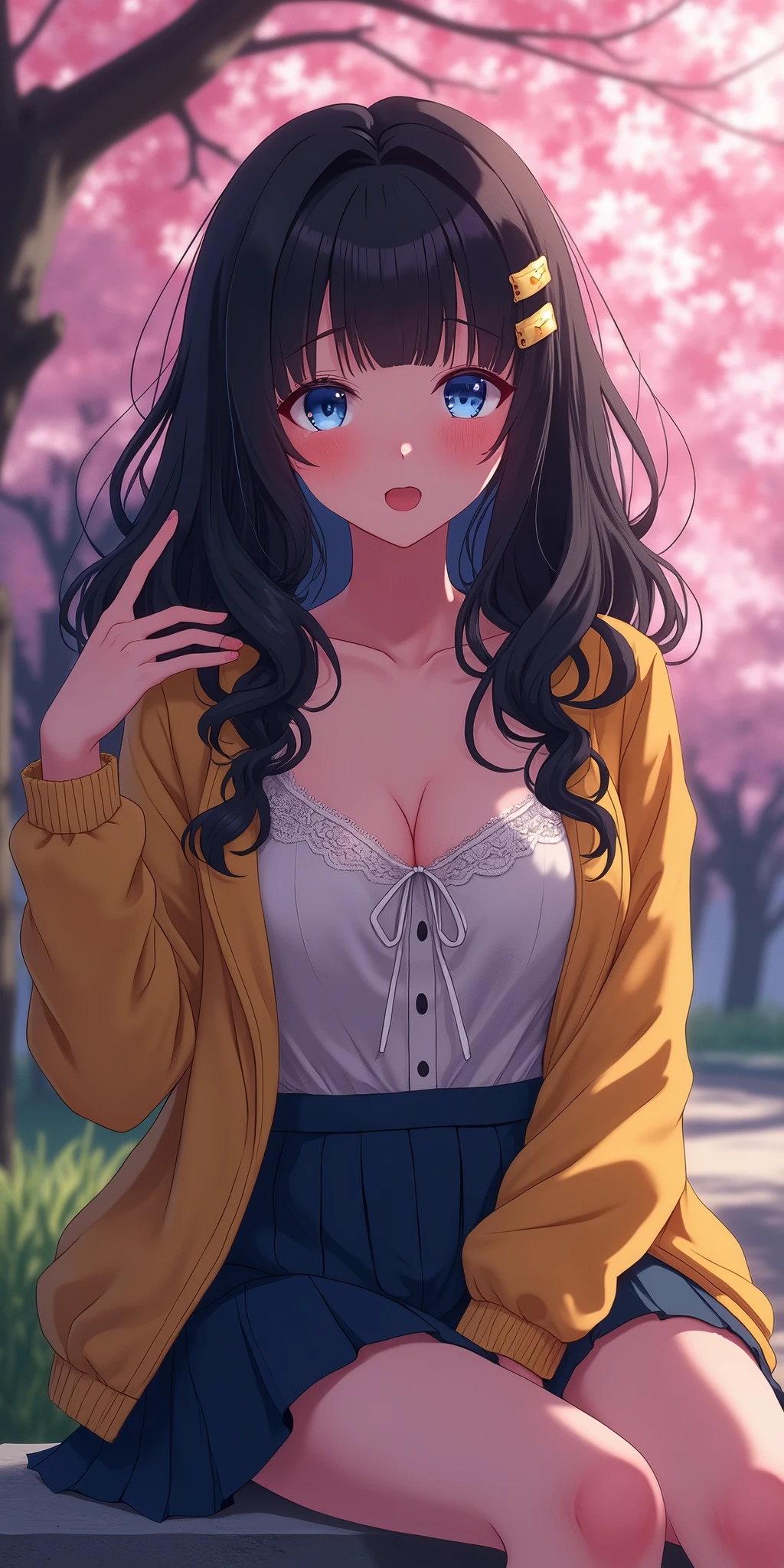 (best quality, ultra-detailed, photorealistic: 1.39), bright and vibrant colors, studio lighting, romantic expression, An effeminate girl, with a delicate and beautiful face. She is a girl who reflects seductive beauty, sparkling eyes, A beautiful adult woman beautiful and voluminous curly black hair, hair clip, crying a seductive 2 woman with big breasts seduces, with her large breasts seduces, yellow jacket, lace blouse, pleated schoolgirl skirt, her in a lively pose, wide smile with open mouth, wanting attention, with her blue eyes, in a beautiful pose demonstrating her seduction in the park at night, cherry blossom festival lighting, cherry blossom trees, sitting at the foot of the cherry tree, hand in her hair, posing in need of love, night with soft lighting, anime style, like a manwha character