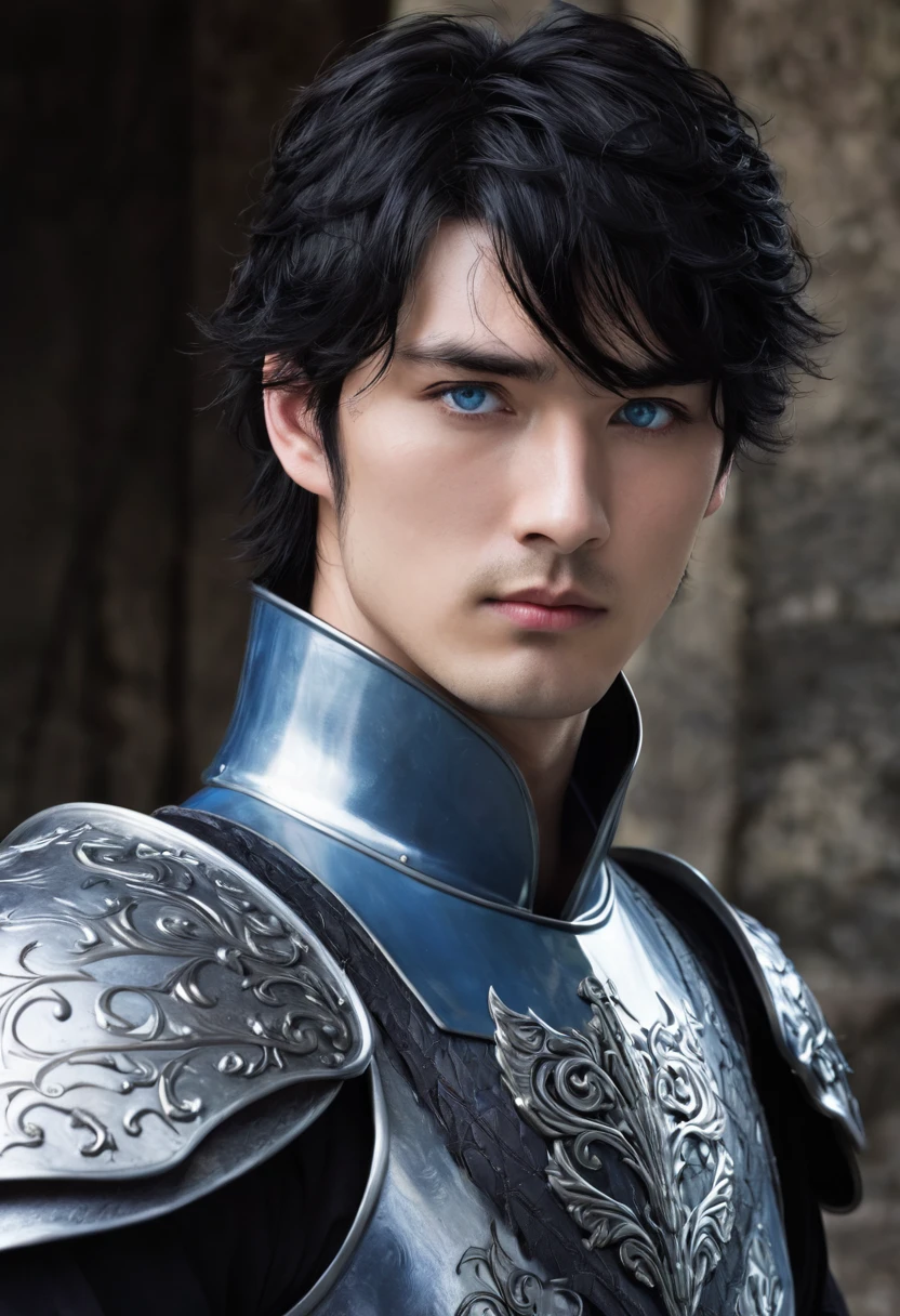 A Darkly handsome Knight with thick, fluffy black hair that spills over his face. He is a caucasian and has pale white skin. He is thick and hulky, a perfect body. He has light stubble but he keeps himself shaved. His shoulders are broad, his physique similar to toji fushiguro. He is tall and imposing, sporting icy-blue eyes with a depressed aura. Dark Medieval Fantasy genre, broad defined jawline with a thick neck.