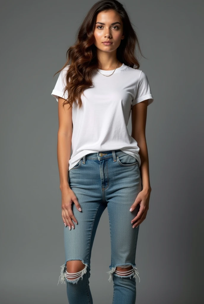 beautiful latin woman, curly hair, standing straight facing forward,with white t-shirt, ripped denim jeans pants, on a greyish background, cotton t-shirt texture, fitted t-shirt, round neck, striped tights. Medium camera shot.