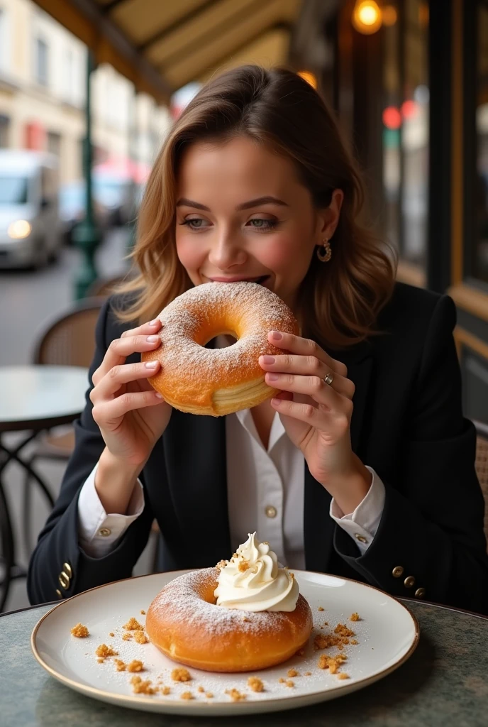 Create an image of a real person tasting the “Paris Brest” dessert