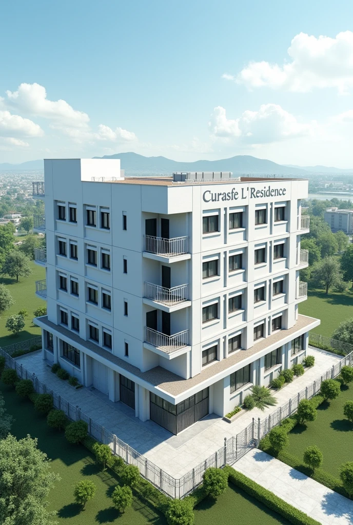 3d exterior of school that's name is “CuraSafe Residence”
Structure:-
School will be in square shaped
School will have only one portion.
School will have 14 equal sized rooms on every each side
ween all the rooms there will be a hall
On every each side there will be main door after 7 rooms, these doors will be connected to a hall
Around the school there will be a fence for security purpose
School's name should be visible
Show corner view