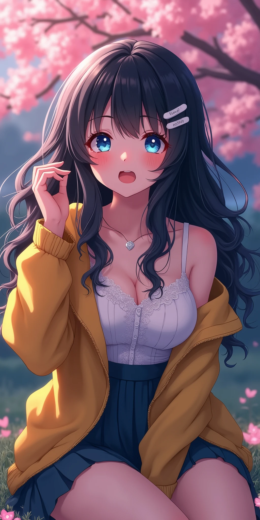 (best quality, ultra-detailed, photorealistic: 1.39), bright and vibrant colors, studio lighting, romantic expression, An effeminate girl, with a delicate and beautiful face. She is a girl who reflects seductive beauty, sparkling eyes, A beautiful adult woman beautiful and voluminous curly black hair, hair clip, crying a seductive 2 woman with big breasts seduces, with her large breasts seduces, yellow jacket, lace blouse, pleated schoolgirl skirt, her in a lively pose, wide smile with open mouth, wanting attention, with her blue eyes, in a beautiful pose demonstrating her seduction in the park at night, cherry blossom festival lighting, cherry blossom trees, sitting at the foot of the cherry tree, hand in her hair, posing in need of love, night with soft lighting, anime style, like a manwha character