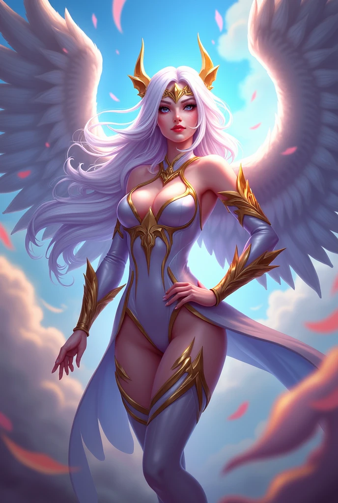 (masterpiece, top quality, best quality, official art, beautiful and aesthetic:1.2), (1girl:1.3), extremely long curly golden hair, extremely detailed, portrait, looking at viewer, solo, (full body:0.6), detailed background, close up, (cool science fiction space theme:1.1), extremely busty valkyrie, charlatan, mysterious, shooting lasers in space, cybernetic angel, huge feathered wings, chrome boob armor, dark purple streamers and skirts and sleeves and knee wrappings, cybernetic implants, mechanical hand, laser cannon, arm cannon, revealing chrome armor, bare midriff, glowing laser energy, halo, intricate armor, ornate chrome armor, sheer white fabric, elegant purple fabric, skirts, streamers, cowl, boots, bracers, ((((gigantic breasts)))), slim waist, slim hips, long legs, athletic, SPACE, futuristic moon, (space exterior:1.1) background, dark mysterious lighting, shadows, magical atmosphere, dutch angle
