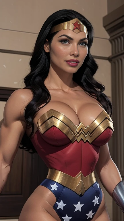 Real life wonder woman with large breast wearing headband and hand wraps, wonder wonder costume posing, sexy gal gadot, holding a magical feather duster