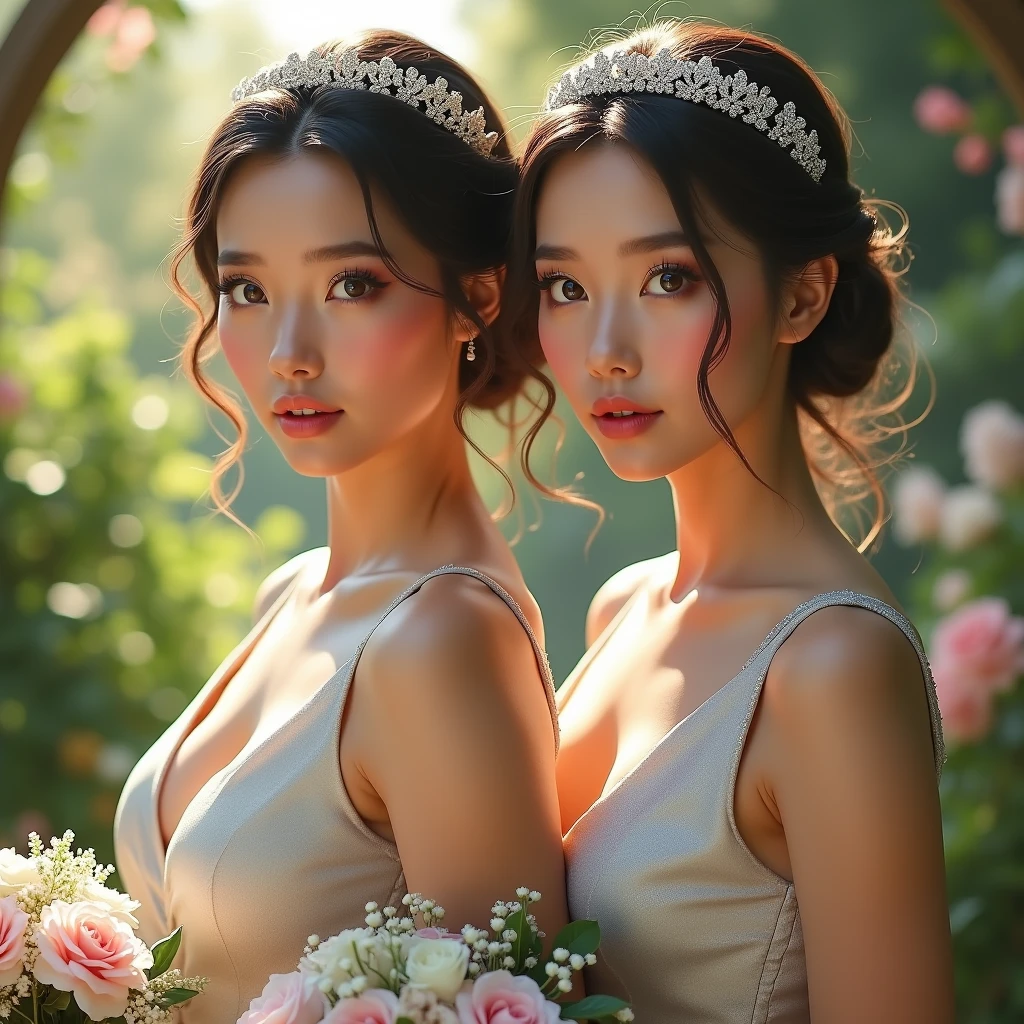 (masterpiece, Highest quality:1.5), Highest quality, High resolution, Very detailed, Realist, Full body photo of two brunette bridesmaids, Fine and beautiful eyes, Beautiful lip detail, Very detailed目と顔, Long eyelashes, A 2 woman wearing a short silver dress made of shiny satin fabric., Beautiful and colorful makeup, Elegant and noble々Pause,Shiny satin headband, saw, Holding flowers, The garden as a backdrop, Soft sunlight, Bright colors, Fine brushwork, Portrait Style, Noble details of the dress fabric, Beautiful color palette, Glowing Skin, Top-notch rendering, Capturing every detail, Enchanting atmosphere, Subtle shadows and light, (Perfect Anatomy:1.2), (Two breathtaking bridesmaids show off their figure. Looks surprised (Amazing panoramic views:1.2)