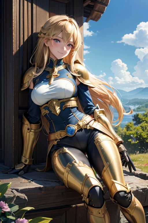 (8k, raw photo, Best Quality, maestro:1.2), (anime-anime photo:1.37), ultra detailed, 1 girl, beautiful, alone, Beautiful detailed blue sky with fluffy clouds, (blush), (whole body: 1.1), (smile: 1.1), (shut up), big breasts, Beautiful and delicate eyes, (Blue armor with intricate engravings of leaves and flowers, has a gorget, shoulder pads, gorjal, peto, backrest, codales, bracers, gauntlets, hidden, Don Quixotes, kneepads, greaves and scarp : 1.1), Golden metal pieces covering her shoulders and arms, Dark brown leather belt with metal buckles, tight leather pants, Brown leather boots, A cross adorns his chest, (long blonde hair: 1.2), flowing hair, high contrast, Proporciones de whole body, (astride, stretch the legs, thin legs), Chest closeup, full color.