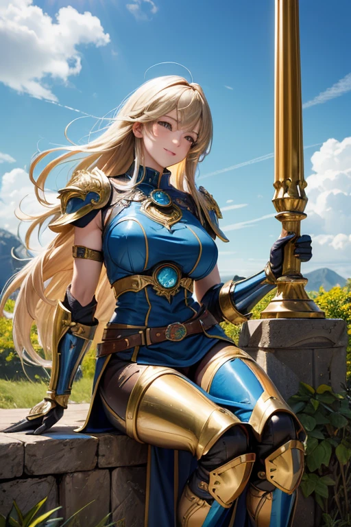 (8k, raw photo, Best Quality, maestro:1.2), (anime-anime photo:1.37), ultra detailed, 1 girl, beautiful, alone, Beautiful detailed blue sky with fluffy clouds, (blush), (whole body: 1.1), (smile: 1.1), (shut up), big breasts, Beautiful and delicate eyes, (Blue armor with intricate engravings of leaves and flowers, has a gorget, shoulder pads, gorjal, peto, backrest, codales, bracers, gauntlets, hidden, Don Quixotes, kneepads, greaves and scarp : 1.1), Golden metal pieces covering her shoulders and arms, Dark brown leather belt with metal buckles, tight leather pants, Brown leather boots, A cross adorns his chest, (long blonde hair: 1.2), flowing hair, high contrast, Proporciones de whole body, (astride, stretch the legs, thin legs), Chest closeup, full color.