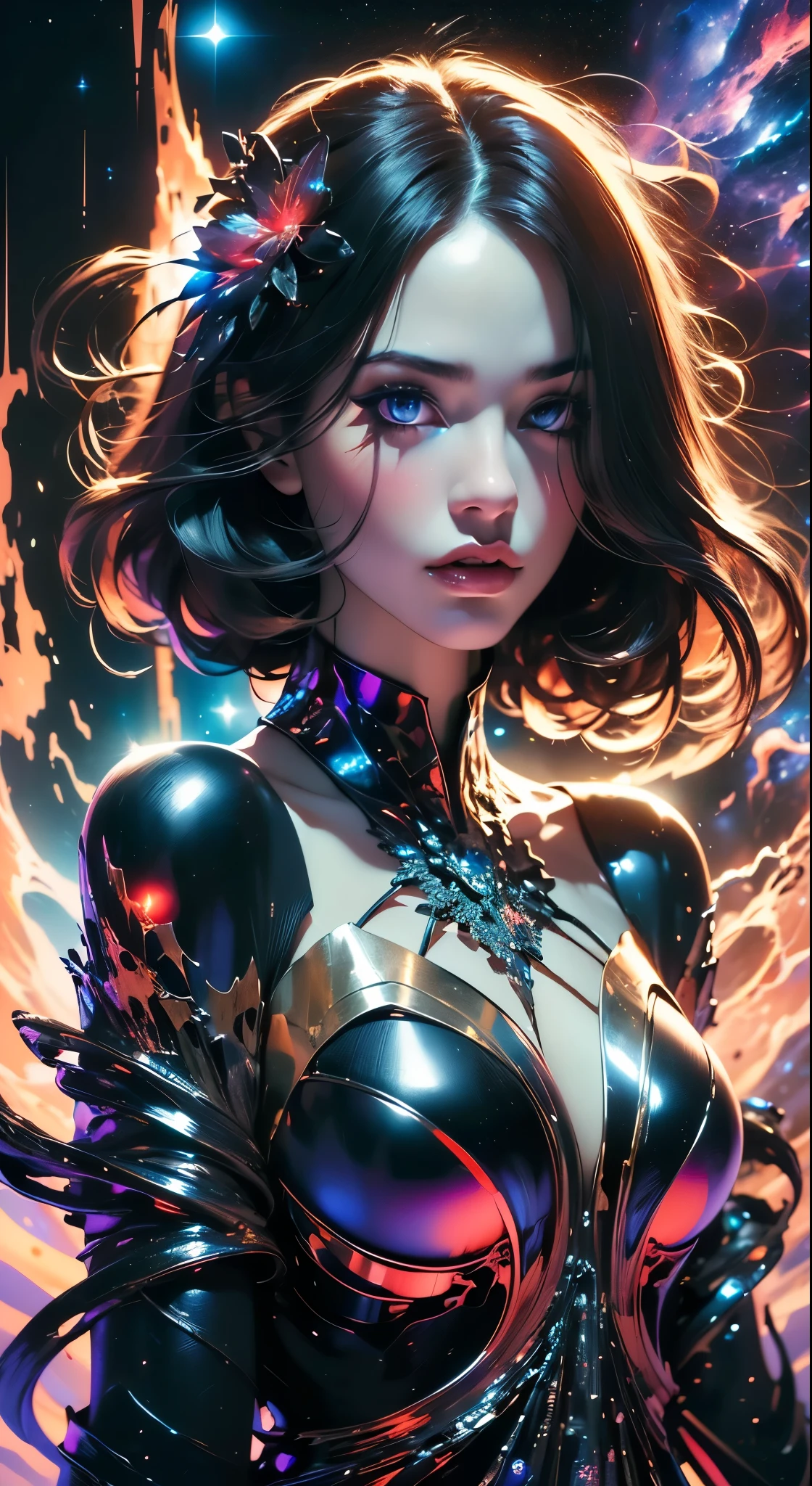 (masterpiece, best quality, highres, high resolution:1.2), extremely detailed, realistic, intricate details, 1girl, solo, looking at viewer, (abstract art:1.3), (dark theme:1.2), art, stylized, deep shadow, dark theme, cosmic dress, cosmic beauty, in space, nebula, (cinematic lighting, bloom, volumetric),