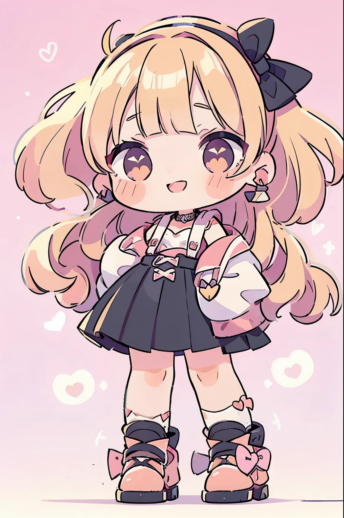 ((from front)), ((chibi)), ((peace sign)), high resolution,smile,woman,woman1人,adult,cute, blunt bangs,Blonde Hair,wavy hair,long hair,BREAK, Red eyes,Sparkling Eyes,BREAK, ((Landmine fashion)), Black off-shoulder top,BREAK,Pink checkered pleated skirt,BREAK,Black high heels, Ribbon headband,BREAK,Heart Earrings,BREAK,Lace choker,BREAK, Pink hearts on a white background,