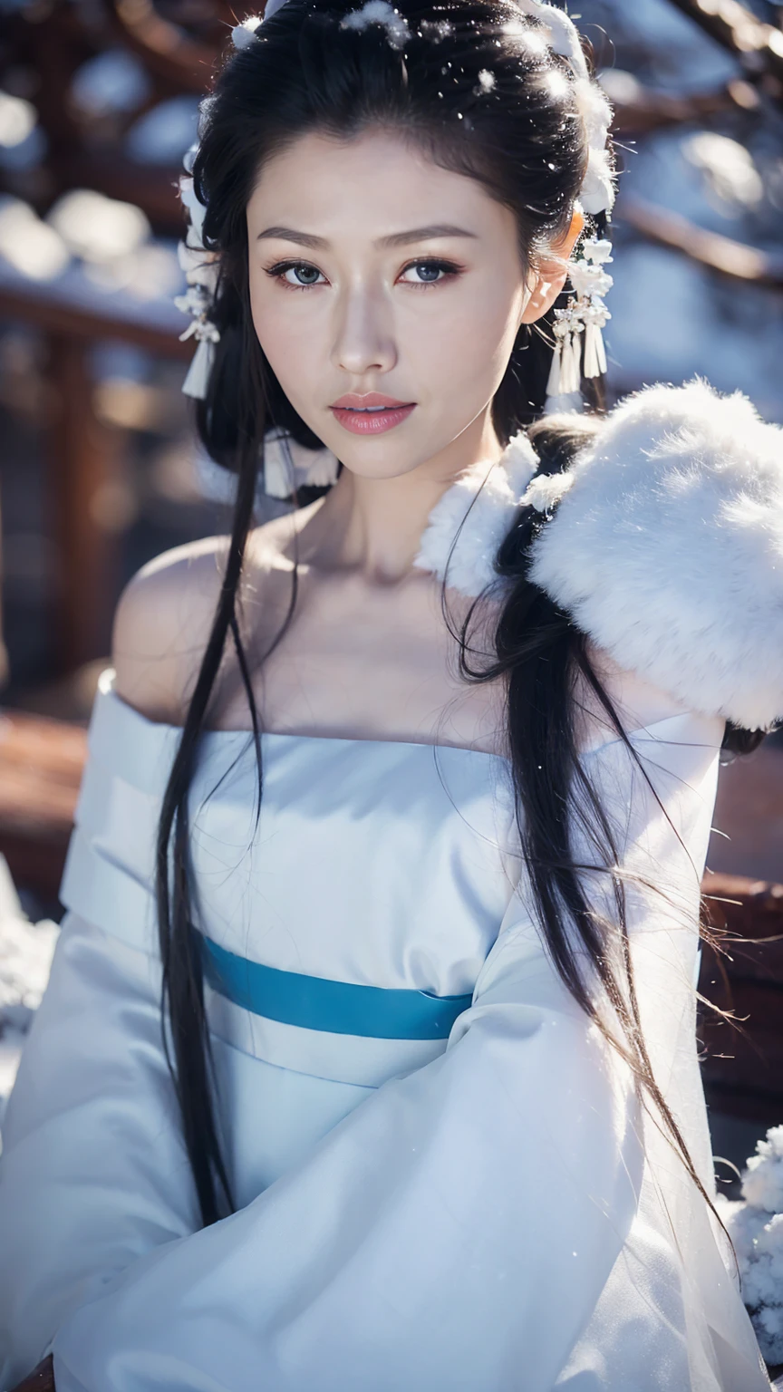 1 Fashion Model [[[[close up]]]], [[[[neck]]]], [[[[Shoulder]]]], (((Complete head)))，(((Complete hairstyle)))，Perfect eyes, Perfect Iris，Perfect lips，Perfect Teeth，Perfect skin，White skin，Soft headlights，High-density imaging，Black long hair，（Clean and delicate face），((Simple white Hanfu))，((Half-length photo))，((Snow Scene))，((winter))，((Various dynamic poses))，((Background with snow and rime))，best quality，masterpiece，（Soft colors：1.2）