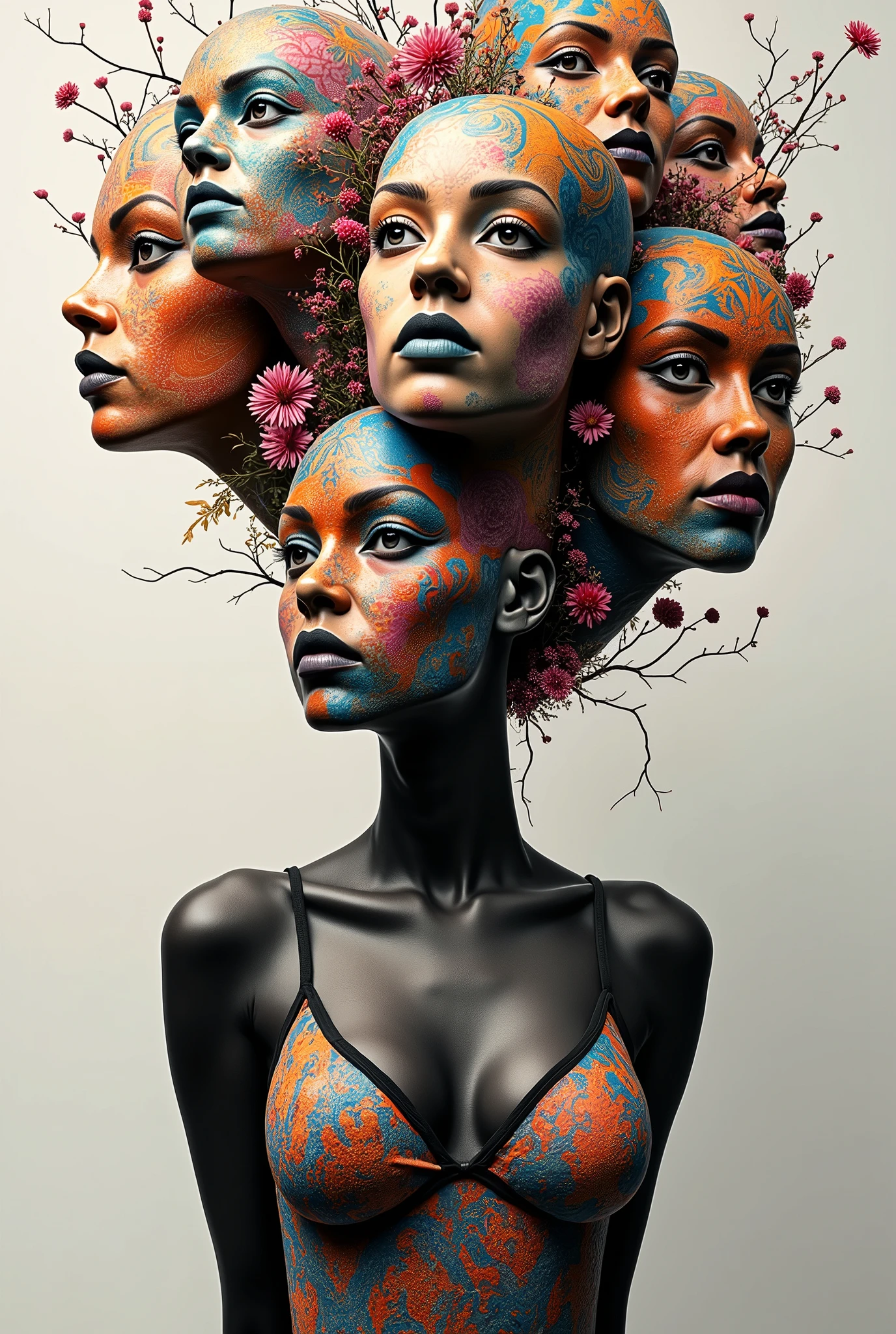 Expressionist artwork images of multiple floating ceramic heads, 3d collage style, make it weird and gallery worthy, ((black woman)), in a turtleneck, portrait, absurdres,highres,ultra detailed,ultra-detailed background,detailed background,extremly detailed,1girl,bunch of flowers,(zentangle:1.2),(geometric:1.2) multi-colored color palette, monochromatic, big , cleavage, sideboob, lingerie, realistic depiction, arms behind back, kaleidoscopic, multidimensional, ethereal glow, captivating uniqueness, surreal juxtapositions, visual symphony, unforgettable visual narrative, edgy, mathematical, simple-shaped vectors, highly modern, stylistic, polygonal abstraction, vector art, bold lines, minimalist color scheme, digital art, abstract geometry