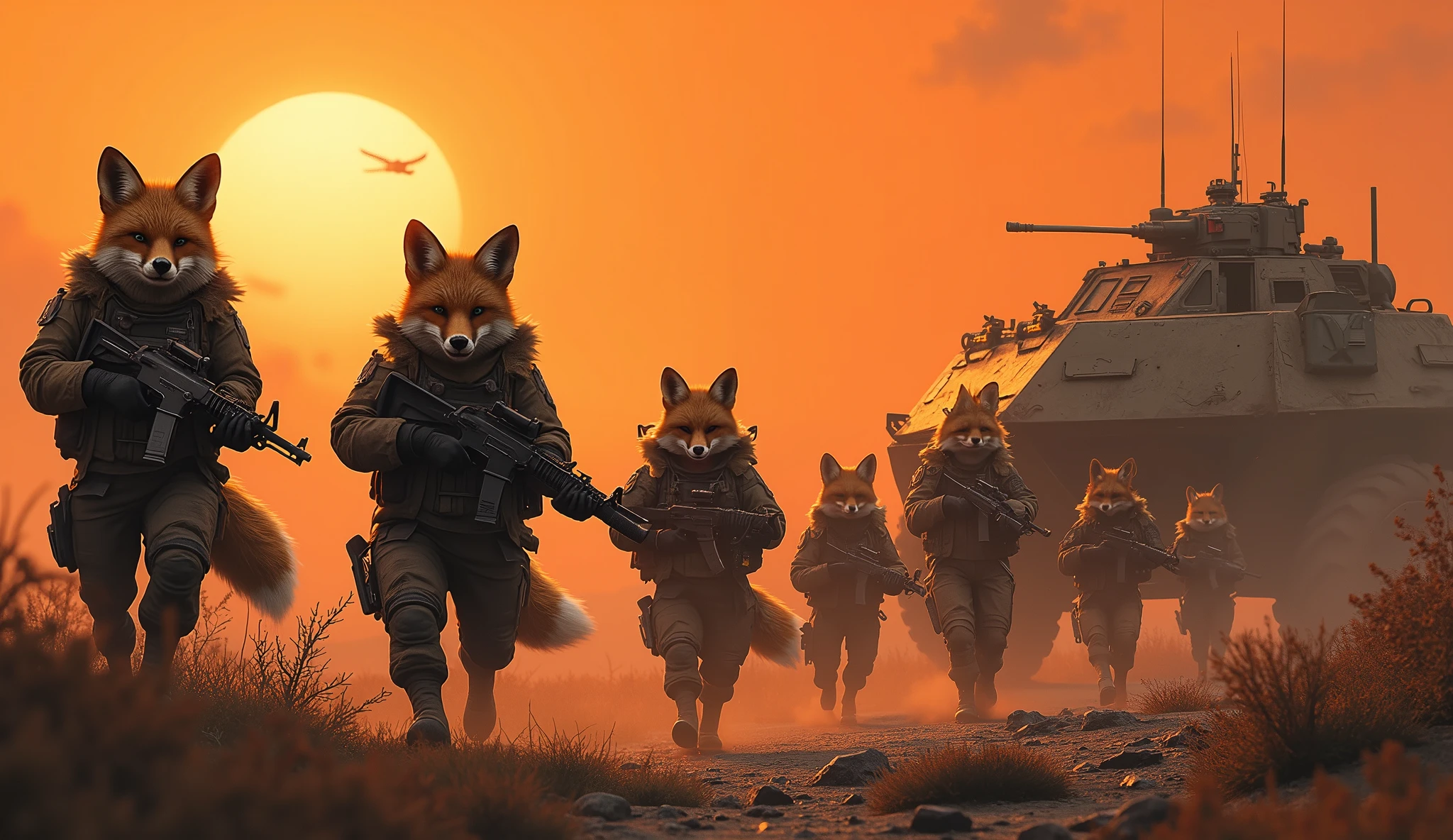 Lots and lots of foxes with guns. On a dark orange background with armored vehicles of the apocalypse, in crossout style. High realism