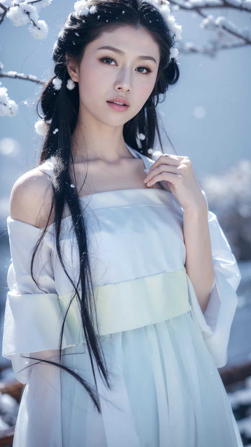 1 Fashion Model [[[[close up]]]], [[[[neck]]]], [[[[Shoulder]]]], (((Complete head)))，(((Complete hairstyle)))，Perfect eyes, Perfect Iris，Perfect lips，Perfect Teeth，Perfect skin，White skin，Soft headlights，High-density imaging，Black long hair，（Clean and delicate face），((Simple white Hanfu))，((Half-length photo))，((Snow Scene))，((winter))，((Various dynamic poses))，((Background with snow and rime))，best quality，masterpiece，（Soft colors：1.2）