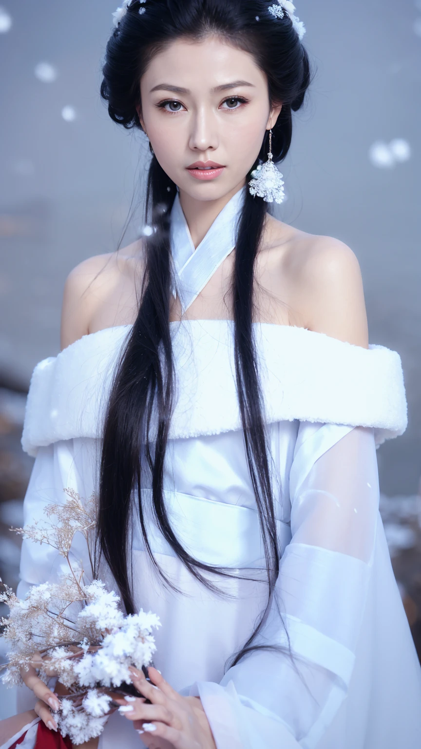 1 Fashion Model [[[[close up]]]], [[[[neck]]]], [[[[Shoulder]]]], (((Complete head)))，(((Complete hairstyle)))，Perfect eyes, Perfect Iris，Perfect lips，Perfect Teeth，Perfect skin，White skin，Soft headlights，High-density imaging，Black long hair，（Clean and delicate face），((Simple white Hanfu))，((Half-length photo))，((Snow Scene))，((winter))，((Various dynamic poses))，((Background with snow and rime))，best quality，masterpiece，（Soft colors：1.2）