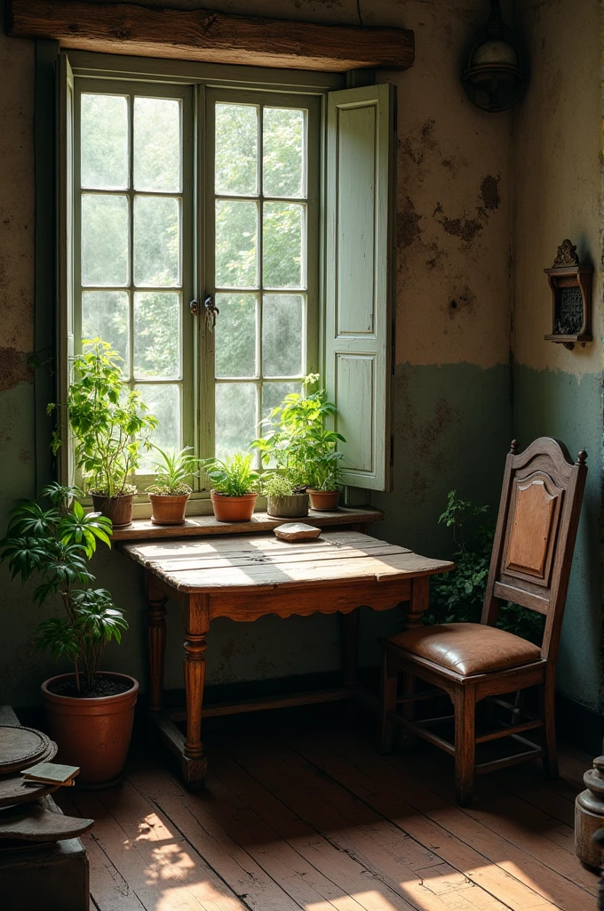 Table and an old chair in the corner of the living room of an old house and a garden