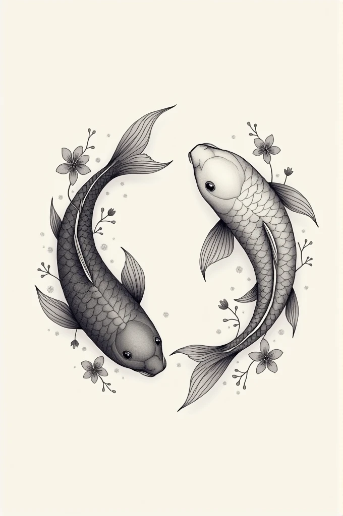 For a tattoo of two delicate black and white koi fish, Imagine this: Two stylized koi fish swimming in opposite directions, forming a fluid and harmonious circle, similar to the yin-yang symbol. Koi have intricate details on their scales and fins., with fine lines that highlight its elegance and movement. Around the koi, small delicate flowers, like cherry blossoms or lotus flowers, float gently, accompanying the flow of imaginary water. Flowers are subtle, with petals in various shades of grey, adding a soft but effective contrast that complements the shape of the fish. The tattoo is ethereal and balanced, transmitting peace and balance, perfect for a minimalist and elegant design.