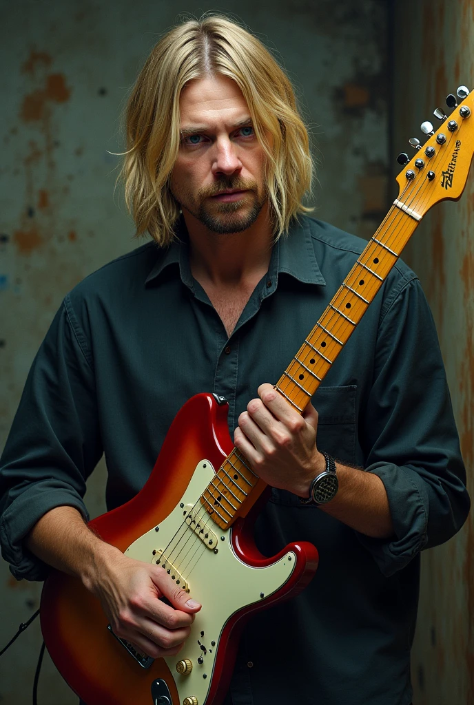 Kurt Cobain with his signature Fender Jasgtang left hand guitar